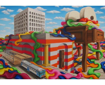 OLIO SU TELA GIUSEPPE VOLANTE ' LA CITTA' CHE SALE ' dimensioni L 100 x H 70 cm.