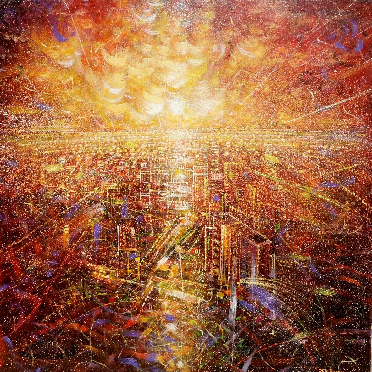 MIXED MEDIA  NILO BAZZANI  ' CITTA' ROSSA '  dimensioni L 100 x H 100 cm.