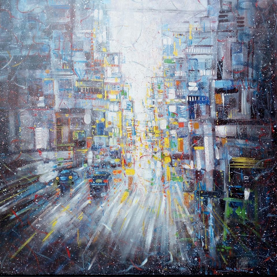 MIXED MEDIA  NILO BAZZANI ' ATMOSFERE IN CITTA' '  dimensioni  L 100 x H 100 cm.