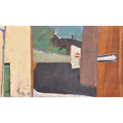 ACRILICO SU TAVOLA TONINO GOTTARELLI ' ALL 'INCROCIO ' dimensioni L 61 x H 103 cm.