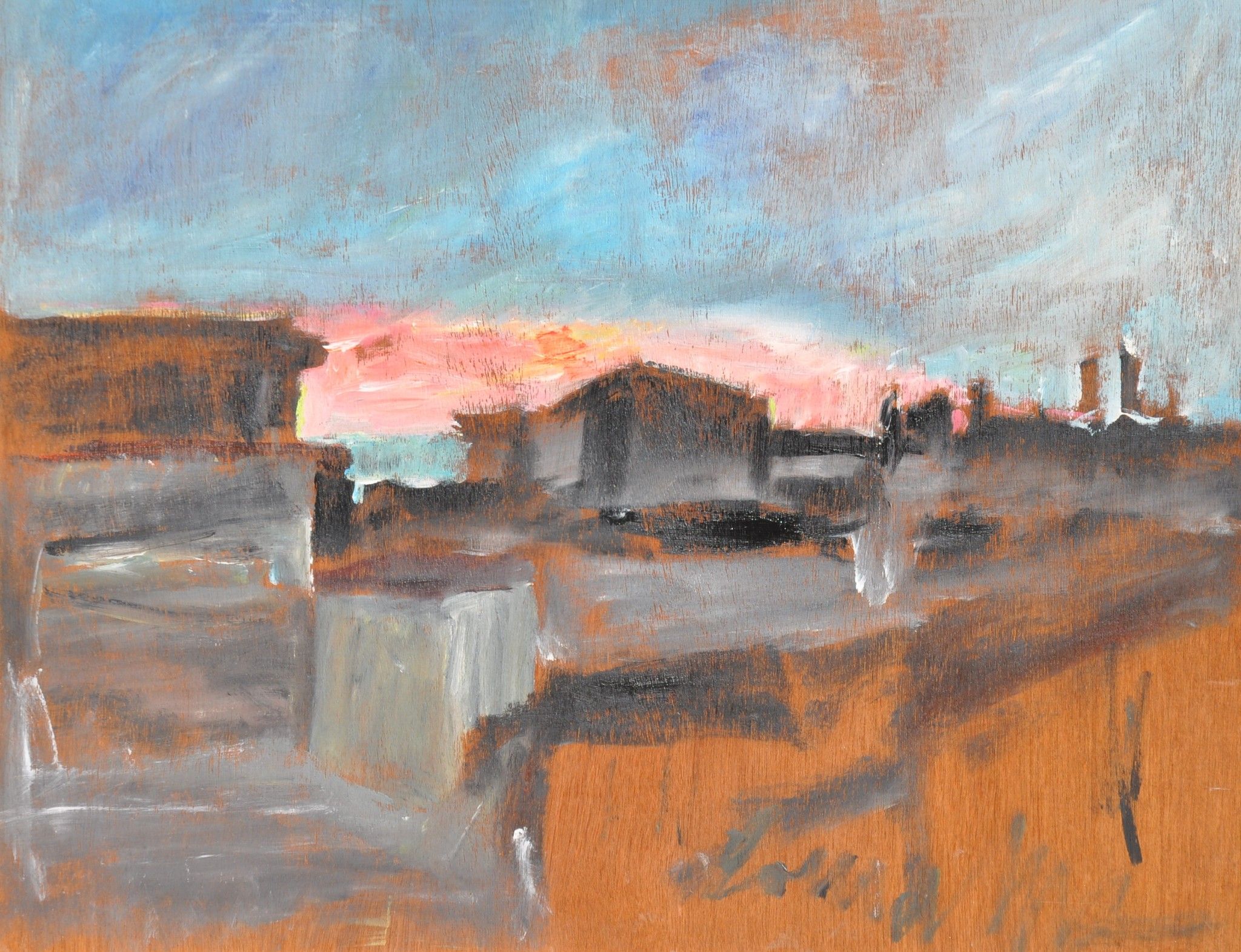 ACRILICO SU TAVOLA  TONINO GOTTARELLI ' ALL 'ALBA '  dimensioni L 71 x H 90 cm.