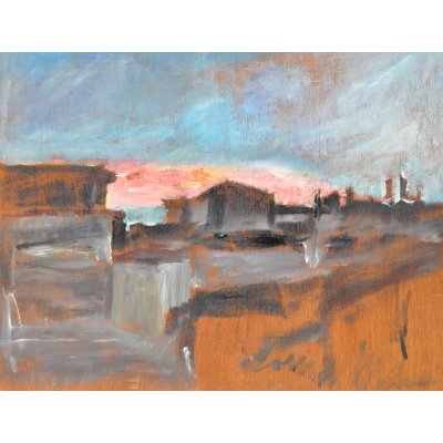 ACRILICO SU TAVOLA TONINO GOTTARELLI ' ALL 'ALBA ' dimensioni L 71 x H 90 cm.