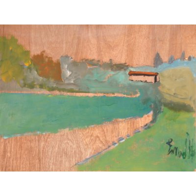 ACRILICO SU TAVOLA TONINO GOTTARELLI ' LA CASA IN UNO SGUARDO ' dimensioni L 71 x H 93 cm.