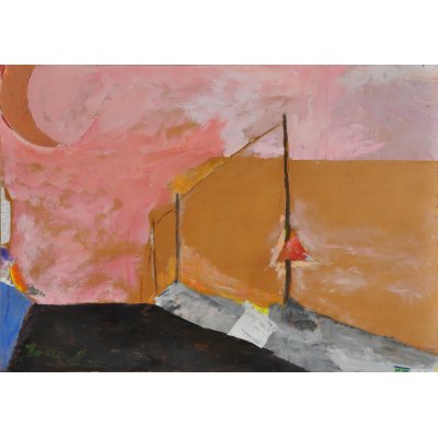 ACRILICO SU TAVOLA TONINO GOTTARELLI ' I PALI IN PROSPETTIVA ' dimensioni L 70 x H 100 cm.