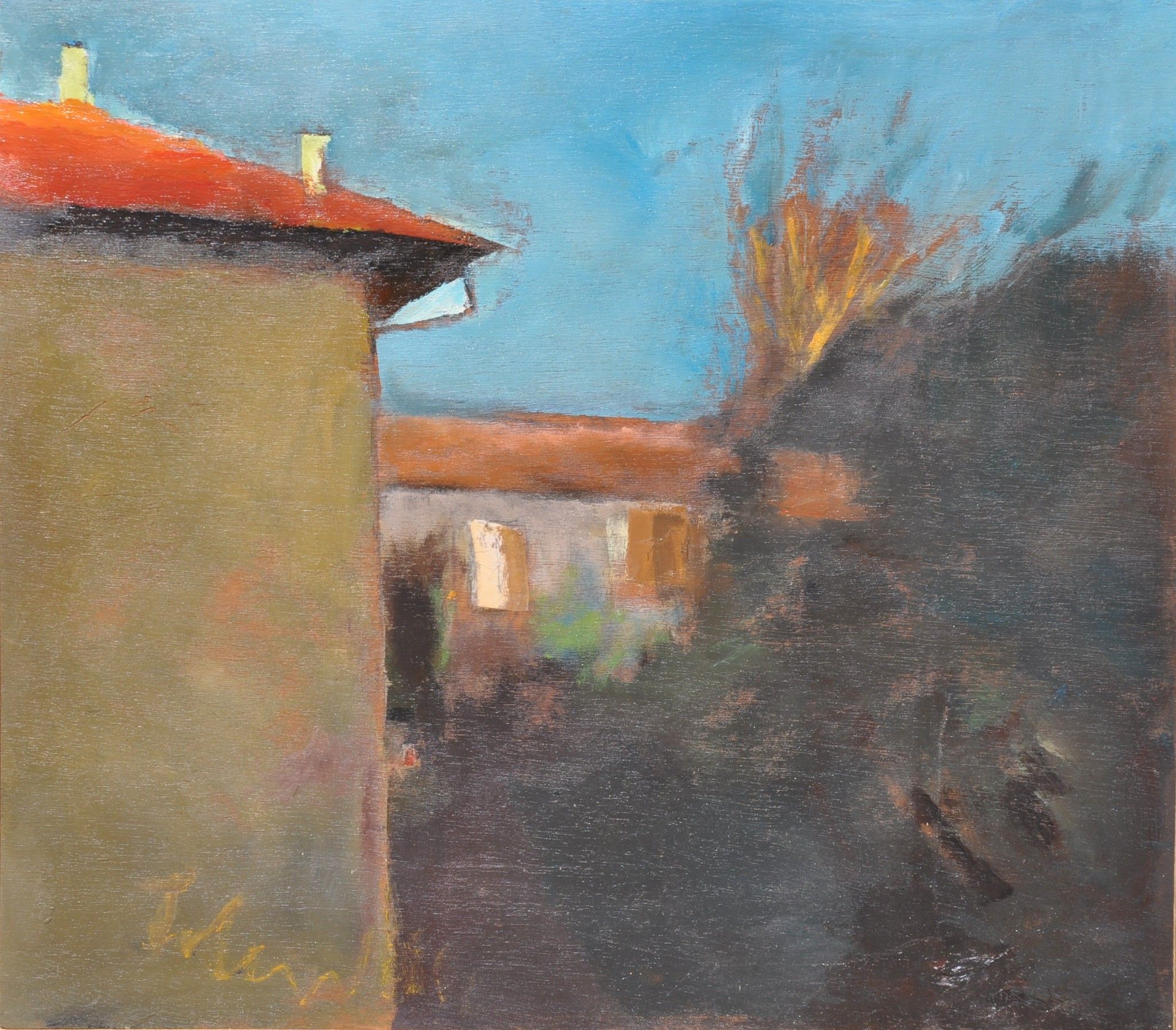 ACRILICO SU TAVOLA TONINO GOTTARELLI ' POESIA DELLE CASE '  dimensioni L 57 x H 57 cm.