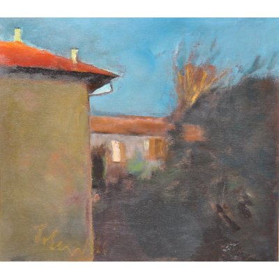 ACRILICO SU TAVOLA TONINO GOTTARELLI ' POESIA DELLE CASE ' dimensioni L 57 x H 57 cm.