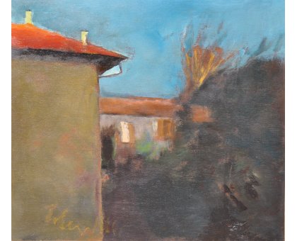 ACRILICO SU TAVOLA TONINO GOTTARELLI ' POESIA DELLE CASE ' dimensioni L 57 x H 57 cm.