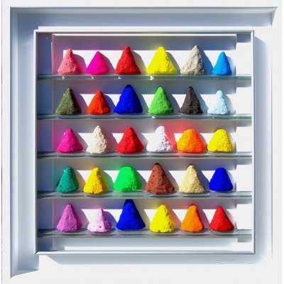 MIXED MEDIA MICHELE TONIATTI ' VETRINETTA DI PIGMENTI ' dimensioni L 50 x H 50 cm.