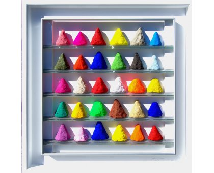 MIXED MEDIA MICHELE TONIATTI ' VETRINETTA DI PIGMENTI ' dimensioni L 50 x H 50 cm.