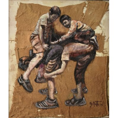 MIXED MEDIA GIANNI MATTU ' SCARICA BARILE ' dimensioni L 80 x H 70 cm.