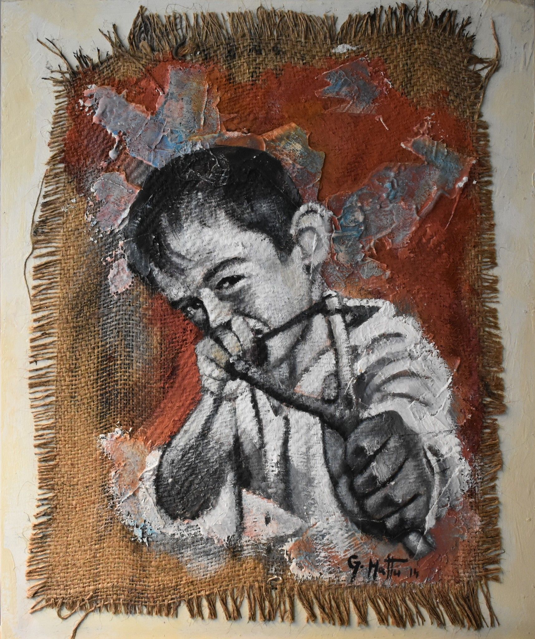 MIXED MEDIA  GIANNI MATTU ' LA FIONDA '   dimensioni L 60 x H 50 cm.