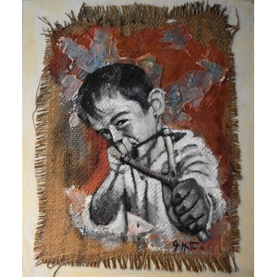 MIXED MEDIA GIANNI MATTU ' LA FIONDA ' dimensioni L 60 x H 50 cm.