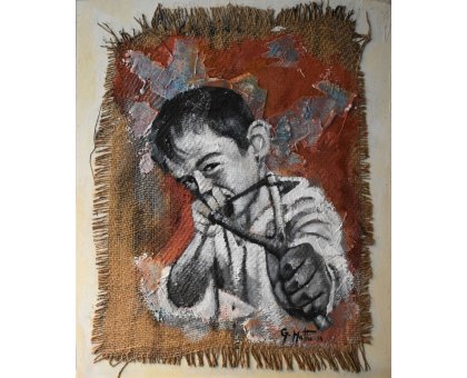 MIXED MEDIA GIANNI MATTU ' LA FIONDA ' dimensioni L 60 x H 50 cm.