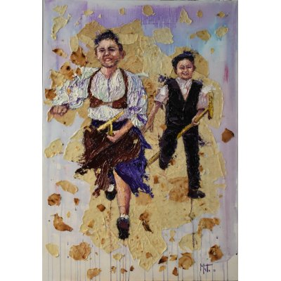 MIXED MEDIA GIANNI MATTU ' CORSA CON I CAVALLINI DI CANNA ' dimensioni L 100 x H 70 cm.