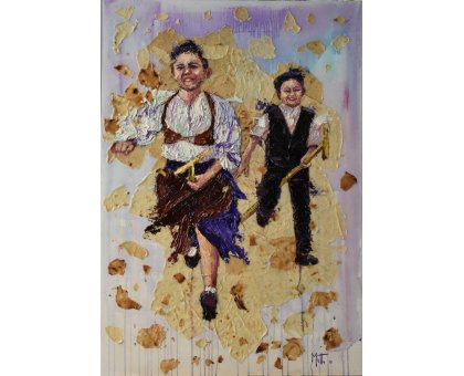 MIXED MEDIA GIANNI MATTU ' CORSA CON I CAVALLINI DI CANNA ' dimensioni L 100 x H 70 cm.