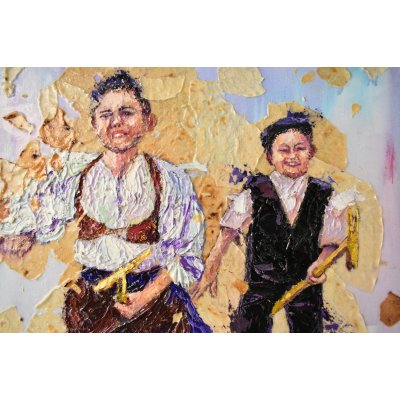 MIXED MEDIA GIANNI MATTU ' CORSA CON I CAVALLINI DI CANNA ' dimensioni L 100 x H 70 cm.