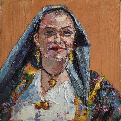 OLIO A SPATOLA GIANNI MATTU ' RAGAZZA DI POSADA ' dimensioni L 15 x H 15 cm.