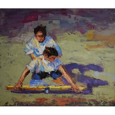 ACRILICO SU TAVOLA GIANNI MATTU ' IN DUE SULLA CAROZZA ' dimensioni L 25 x H 30 cm.