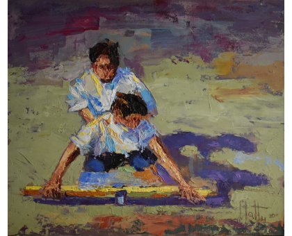 ACRILICO SU TAVOLA GIANNI MATTU ' IN DUE SULLA CAROZZA ' dimensioni L 25 x H 30 cm.