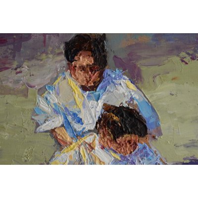 ACRILICO SU TAVOLA GIANNI MATTU ' IN DUE SULLA CAROZZA ' dimensioni L 25 x H 30 cm.