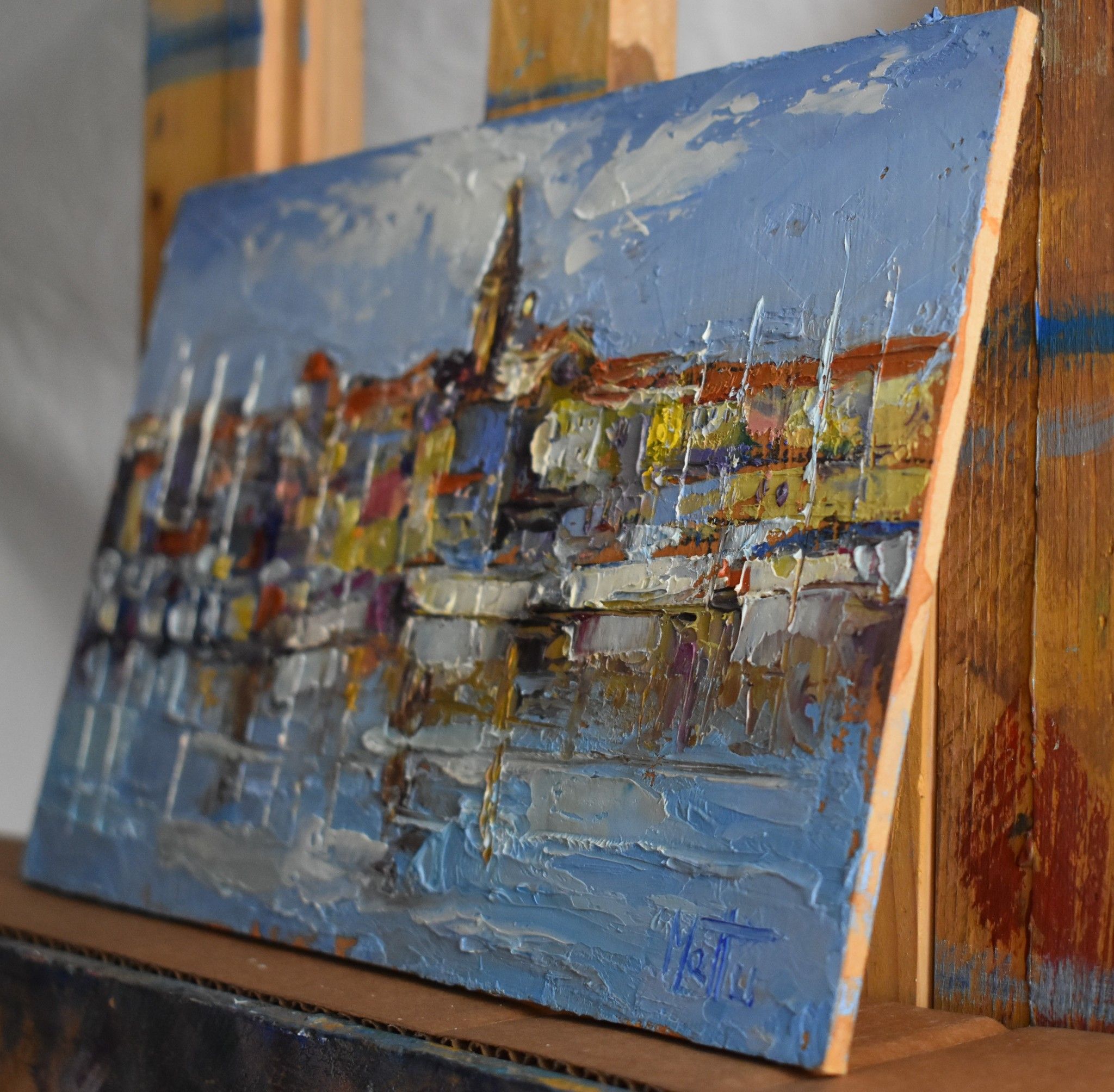 OLIO SU TAVOLA  GIANNI MATTU ' COLORI DI ALGHERO '  dimensioni L 15 x H 24 cm.