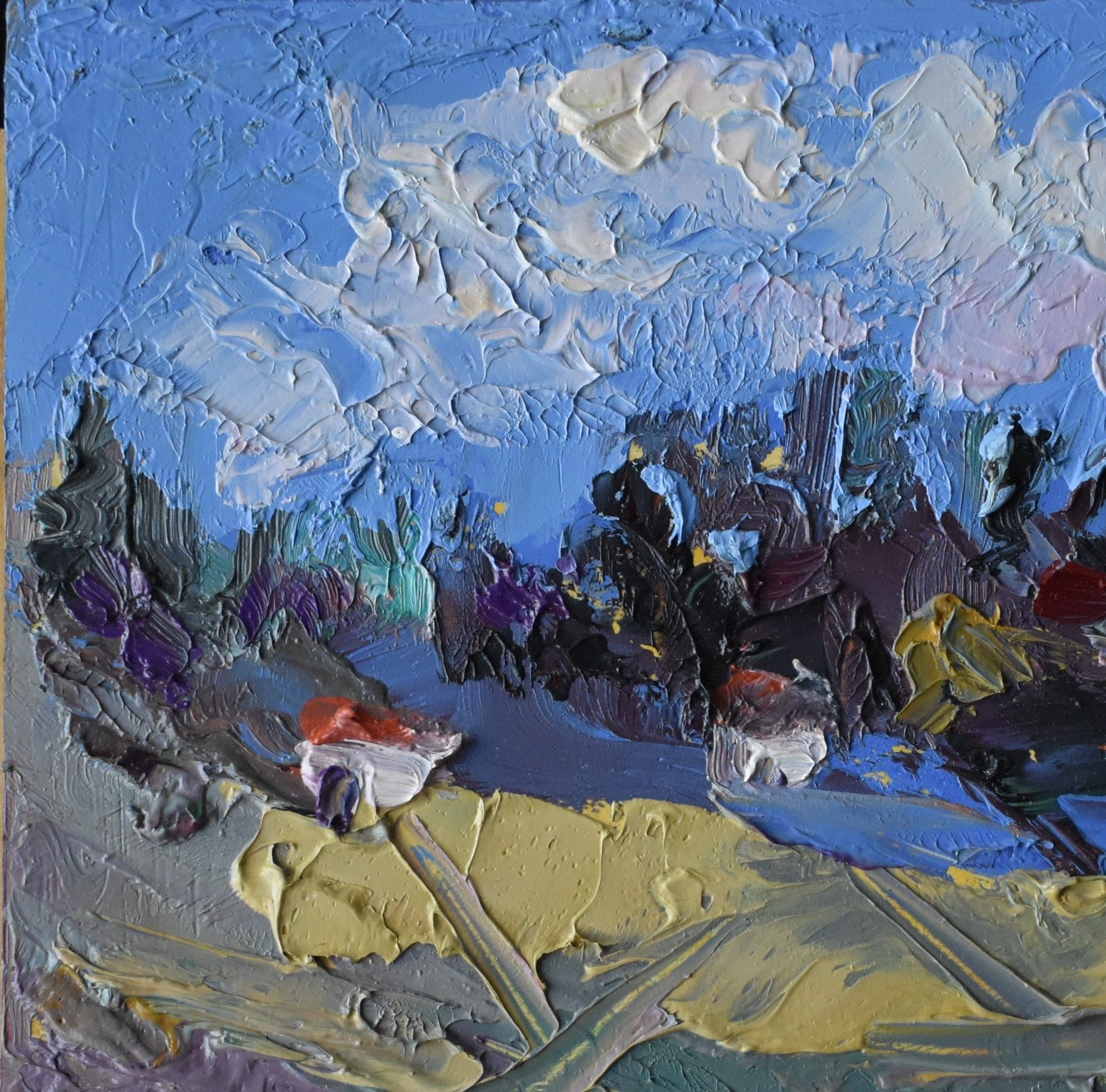 OLIO SU TAVOLA  GIANNI MATTU ' PAESAGGIO '  dimensioni L 15 x H 15 cm.