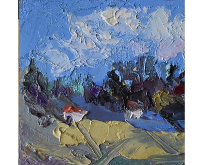 OLIO SU TAVOLA GIANNI MATTU ' PAESAGGIO ' dimensioni L 15 x H 15 cm.