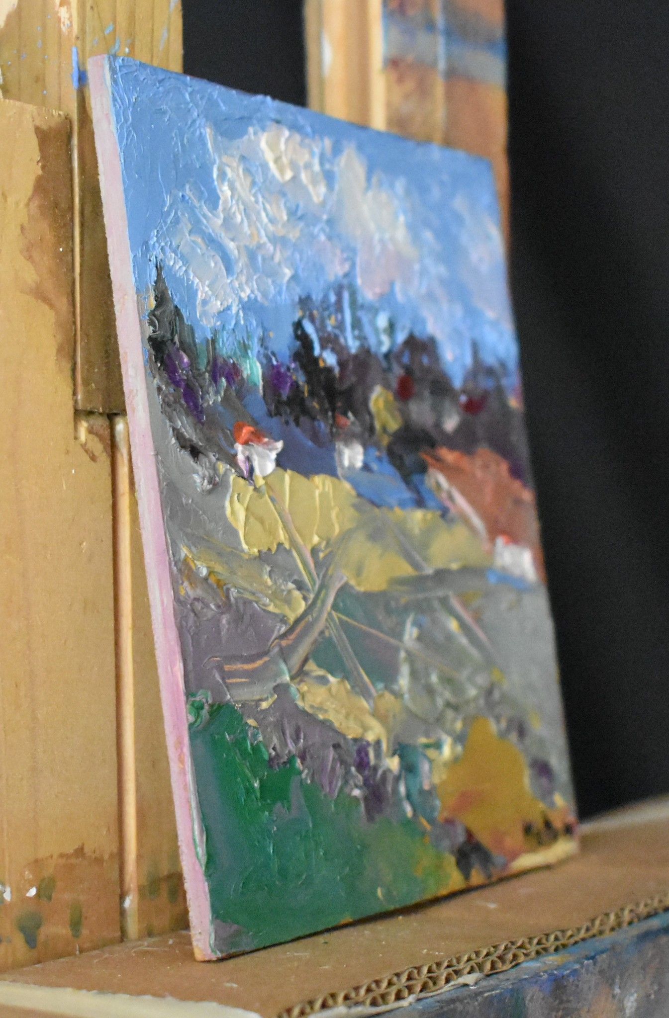 OLIO SU TAVOLA  GIANNI MATTU ' PAESAGGIO '  dimensioni L 15 x H 15 cm.