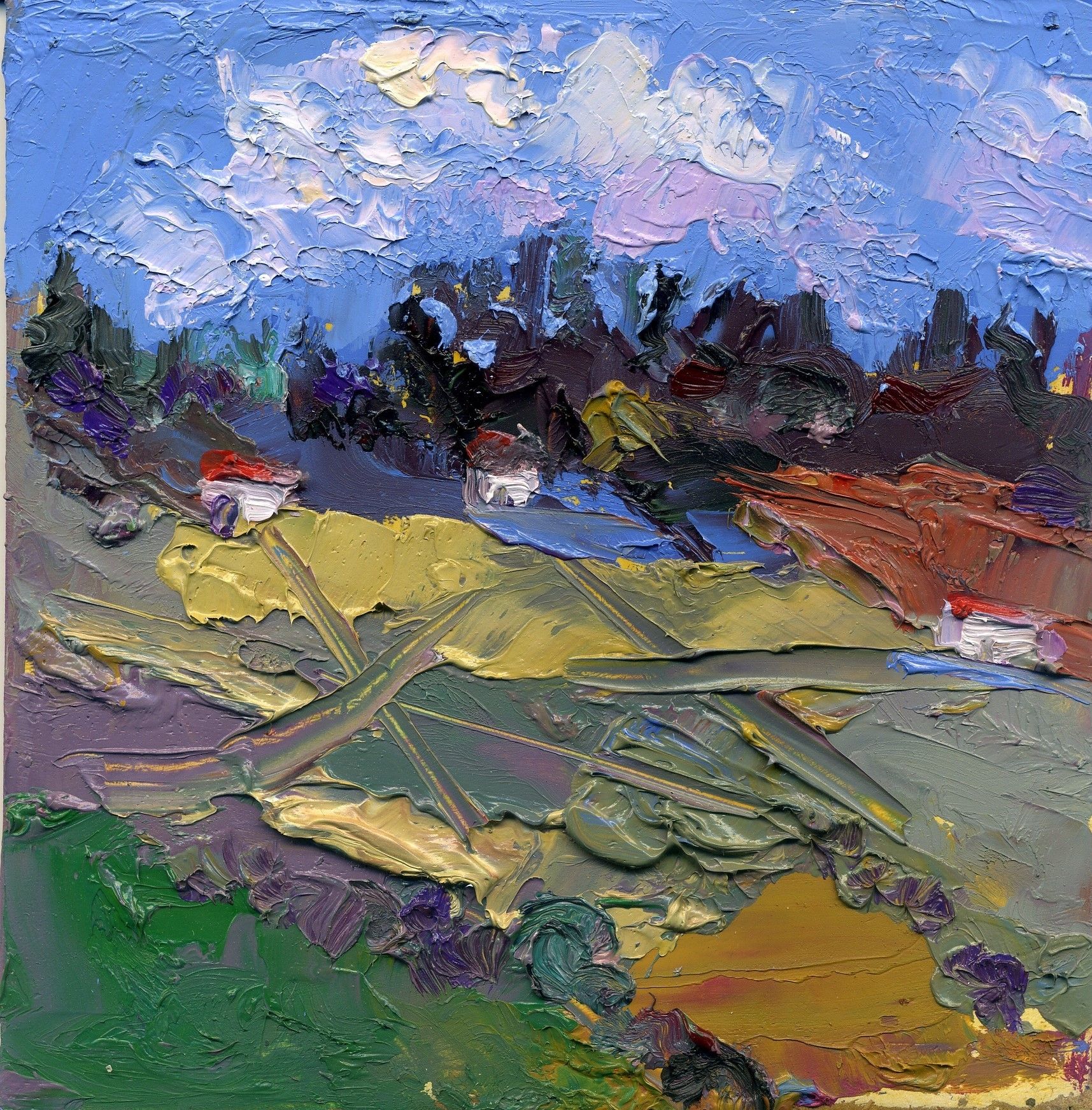 OLIO SU TAVOLA  GIANNI MATTU ' PAESAGGIO '  dimensioni L 15 x H 15 cm.