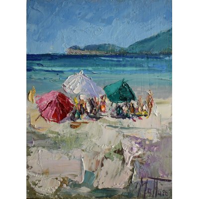 OLIO SU TAVOLA GIANNI MATTU ' SPIAGGIA ' dimensioni L 20 x H 15 cm.
