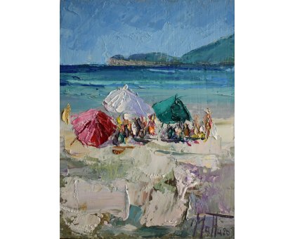 OLIO SU TAVOLA GIANNI MATTU ' SPIAGGIA ' dimensioni L 20 x H 15 cm.