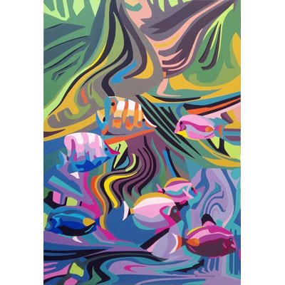 ACRILICO SU TELA PIERNICOLA MUSOLINO ' PESCI IN COLORE ' dimensioni L 7'0 x H 100 cm.