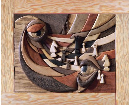 SCULTURA IN LEGNO TIZIANO COSTA ' SCACCO AL RE ' dimensioni L 64 x H 51 cm.