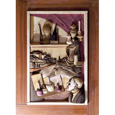 SCULTURA IN LEGNO TIZIANO COSTA ' TUTTO MORANDI ' dimensioni L 64 x H 95 cm.