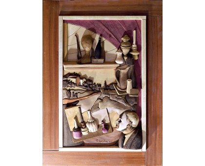 SCULTURA IN LEGNO TIZIANO COSTA ' TUTTO MORANDI ' dimensioni L 64 x H 95 cm.