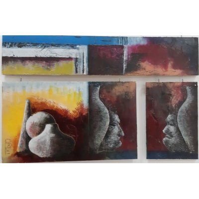 MIXED MEDIA VINCENZO PRESENTI ' LE MASCHERE E LA NATURA MORTA (TRITTICO) ' dimensioni L 140 x H 90 cm.