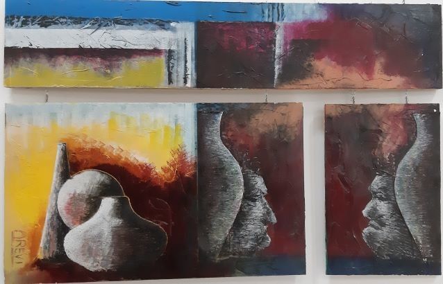 MIXED MEDIA  VINCENZO PRESENTI ' LE MASCHERE E LA NATURA MORTA (TRITTICO) '  size  L 140 x H 90 cm.