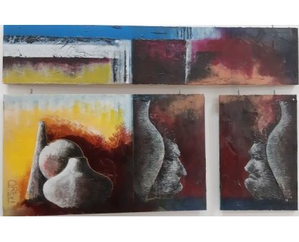 MIXED MEDIA VINCENZO PRESENTI ' LE MASCHERE E LA NATURA MORTA (TRITTICO) ' size L 140 x H 90 cm.