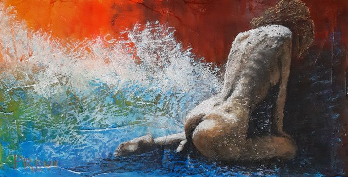 MIXED MEDIA  VINCENZO PRESENTI ' L ' ONDA '  size L 32 x H 64 cm.