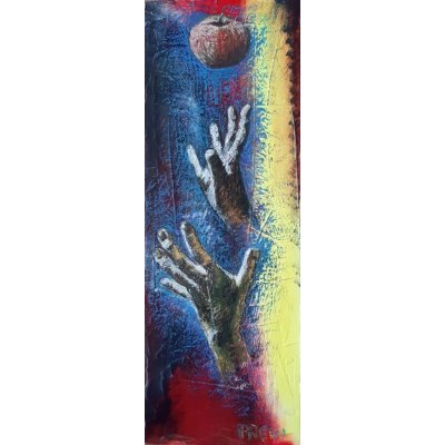 MIXED MEDIA VINCENZO PRESENTI ' LA MELA DEL PECCATO ' dimensioni L 66 x H 24 cm.