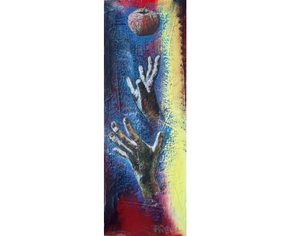 MIXED MEDIA VINCENZO PRESENTI ' LA MELA DEL PECCATO ' dimensioni L 66 x H 24 cm.