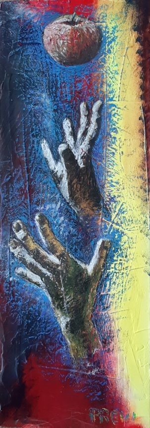 MIXED MEDIA  VINCENZO PRESENTI ' LA MELA DEL PECCATO '  size  L 66 x H 24 cm.