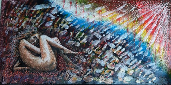 MIXED MEDIA  VINCENZO PRESENTI ' LA VERGOGNA DI EVA '  size  L 120 x H 80 cm.