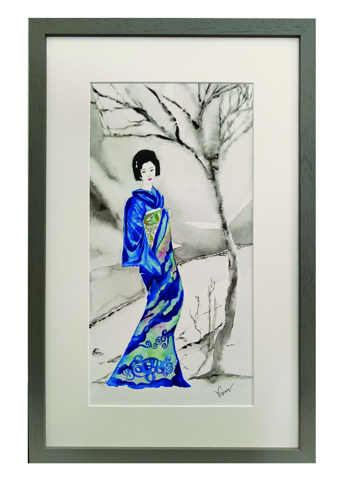 ACQUERELLO SU CARTA  VIVIAN  NARDUZZI ' GEISHA BLU 2 '  dimensioni L 35 x H 54 cm.