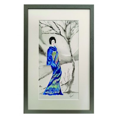 ACQUERELLO SU CARTA VIVIAN NARDUZZI ' GEISHA BLU 2 ' dimensioni L 35 x H 54 cm.