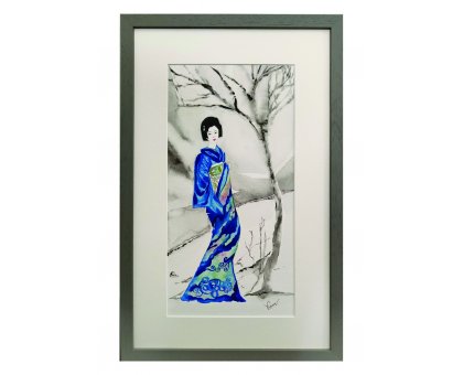 ACQUERELLO SU CARTA VIVIAN NARDUZZI ' GEISHA BLU 2 ' dimensioni L 35 x H 54 cm.