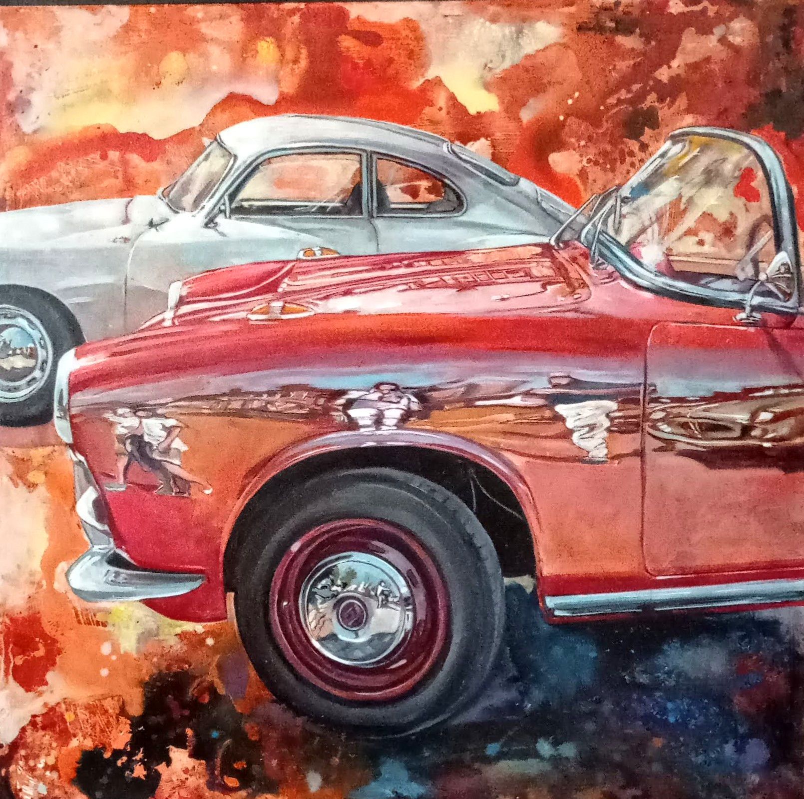MIXED MEDIA ON CANVAS  MARA  ISOLANI ' LE DUE AUTO '  size L 80 x H 80 cm.