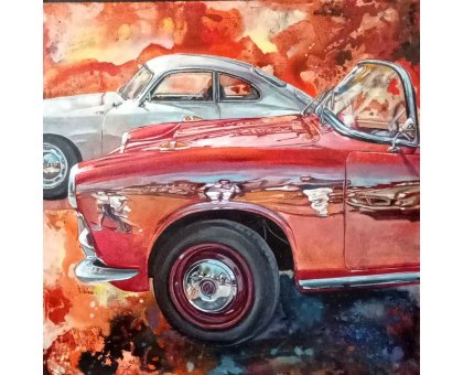 MIXED MEDIA ON CANVAS MARA ISOLANI ' LE DUE AUTO ' size L 80 x H 80 cm.