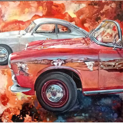 MIXED MEDIA SU TELA MARA ISOLANI ' LE DUE AUTO ' dimensioni L 80 x H 80 cm.