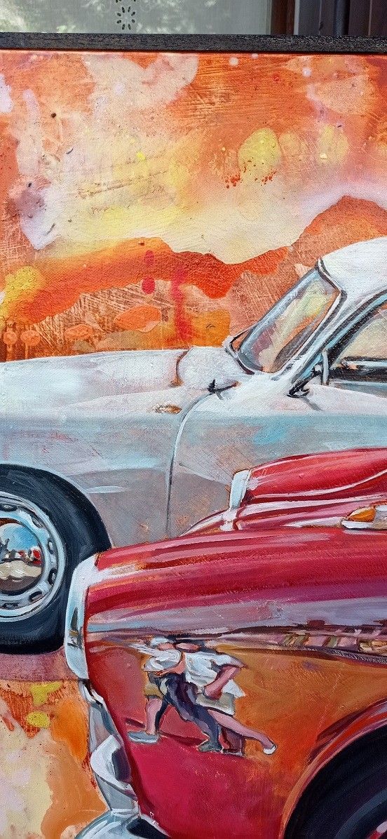 MIXED MEDIA SU TELA  MARA  ISOLANI ' LE DUE AUTO '  dimensioni L 80 x H 80 cm.